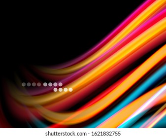 Silk smooth lines on black, liquid fluid color waves. Vector Illustration For Wallpaper, Banner, Background, Card, Book, Illustration, landing page, cover, placard, poster, banner, flyer, design
