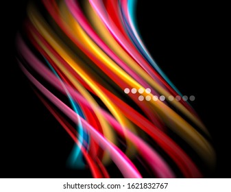 Silk smooth lines on black, liquid fluid color waves. Vector Illustration For Wallpaper, Banner, Background, Card, Book, Illustration, landing page, cover, placard, poster, banner, flyer, design