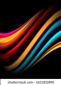 Silk smooth lines on black, liquid fluid color waves. Vector Illustration For Wallpaper, Banner, Background, Card, Book, Illustration, landing page, cover, placard, poster, banner, flyer, design