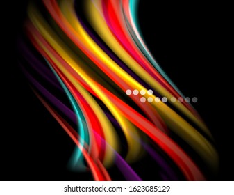 Silk smooth lines on black, liquid fluid color waves. Vector Illustration For Wallpaper, Banner, Background, Card, Book, Illustration, landing page, cover, placard, poster, banner, flyer, design