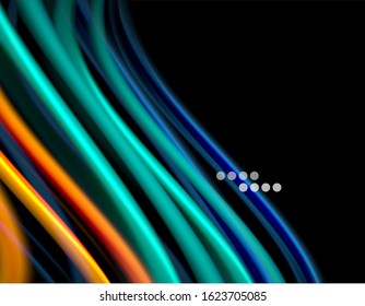 Seide glatte Linien auf schwarzen, flüssig fließenden Farbwellen. Vektorgrafik für Bildschirmhintergründe, Banner, Hintergrund, Karte, Buch, Illustration, Landungsseite, Abdeckung, Plakat, Plakat, Banner, Flyer, Design