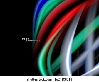 Silk smooth lines on black, liquid fluid color waves. Vector Illustration For Wallpaper, Banner, Background, Card, Book, Illustration, landing page, cover, placard, poster, banner, flyer, design