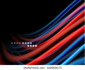 Silk smooth lines on black, liquid fluid color waves. Vector Illustration For Wallpaper, Banner, Background, Card, Book, Illustration, landing page, cover, placard, poster, banner, flyer, design