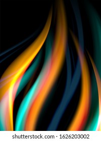 Silk smooth lines on black, liquid fluid color waves. Vector Illustration 