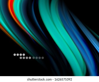 Silk smooth lines on black, liquid fluid color waves. Vector Illustration 