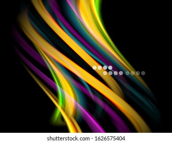 Silk smooth lines on black, liquid fluid color waves. Vector Illustration 
