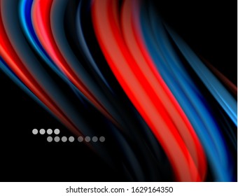 Silk smooth lines on black, liquid fluid color waves. Vector Illustration For Wallpaper, Banner, Background, Card, Book, Illustration, landing page, cover, placard, poster, banner, flyer, design