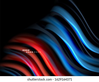 Seide glatte Linien auf schwarzen, flüssig fließenden Farbwellen. Vektorgrafik für Bildschirmhintergründe, Banner, Hintergrund, Karte, Buch, Illustration, Landungsseite, Abdeckung, Plakat, Plakat, Banner, Flyer, Design