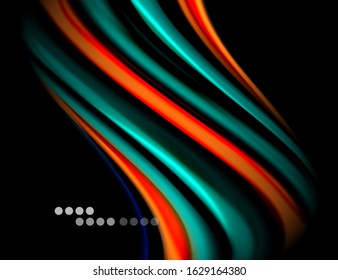 Silk smooth lines on black, liquid fluid color waves. Vector Illustration For Wallpaper, Banner, Background, Card, Book, Illustration, landing page, cover, placard, poster, banner, flyer, design