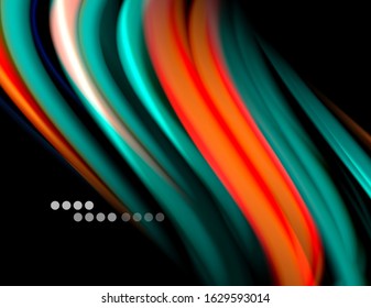 Silk smooth lines on black, liquid fluid color waves. Vector Illustration For Wallpaper, Banner, Background, Card, Book, Illustration, landing page, cover, placard, poster, banner, flyer, design