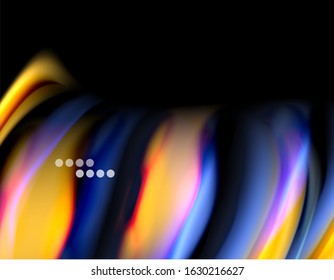 Silk smooth lines on black, liquid fluid color waves. Vector Illustration For Wallpaper, Banner, Background, Card, Book, Illustration, landing page, cover, placard, poster, banner, flyer, design