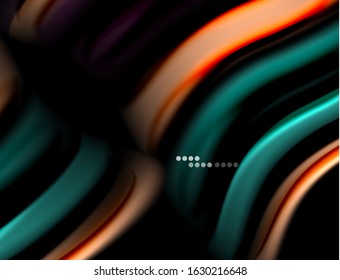 Silk smooth lines on black, liquid fluid color waves. Vector Illustration For Wallpaper, Banner, Background, Card, Book, Illustration, landing page, cover, placard, poster, banner, flyer, design