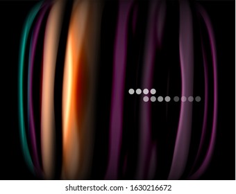 Silk smooth lines on black, liquid fluid color waves. Vector Illustration For Wallpaper, Banner, Background, Card, Book, Illustration, landing page, cover, placard, poster, banner, flyer, design