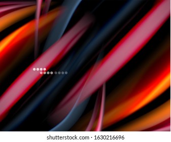 Silk smooth lines on black, liquid fluid color waves. Vector Illustration For Wallpaper, Banner, Background, Card, Book, Illustration, landing page, cover, placard, poster, banner, flyer, design