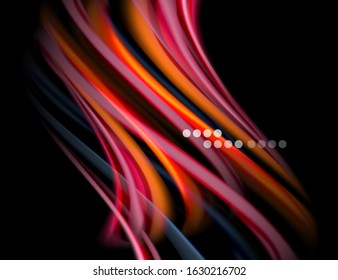 Silk smooth lines on black, liquid fluid color waves. Vector Illustration For Wallpaper, Banner, Background, Card, Book, Illustration, landing page, cover, placard, poster, banner, flyer, design