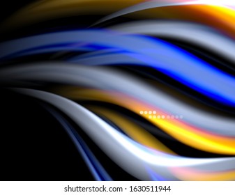 Silk smooth lines on black, liquid fluid color waves. Vector Illustration For Wallpaper, Banner, Background, Card, Book, Illustration, landing page, cover, placard, poster, banner, flyer, design