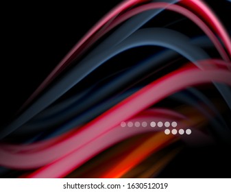 Silk smooth lines on black, liquid fluid color waves. Vector Illustration For Wallpaper, Banner, Background, Card, Book, Illustration, landing page, cover, placard, poster, banner, flyer, design