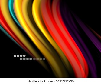 Silk smooth lines on black, liquid fluid color waves. Vector Illustration For Wallpaper, Banner, Background, Card, Book, Illustration, landing page, cover, placard, poster, banner, flyer, design