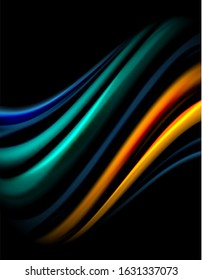 Silk smooth lines on black, liquid fluid color waves. Vector Illustration For Wallpaper, Banner, Background, Card, Book, Illustration, landing page, cover, placard, poster, banner, flyer, design