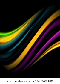 Seide glatte Linien auf schwarzen, flüssig fließenden Farbwellen. Vektorgrafik für Bildschirmhintergründe, Banner, Hintergrund, Karte, Buch, Illustration, Landungsseite, Abdeckung, Plakat, Plakat, Banner, Flyer, Design
