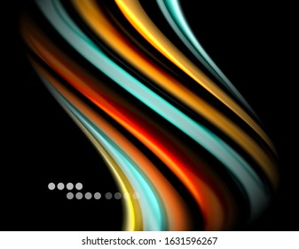 Silk smooth lines on black, liquid fluid color waves. Vector Illustration For Wallpaper, Banner, Background, Card, Book, Illustration, landing page, cover, placard, poster, banner, flyer, design