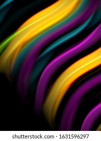 Silk smooth lines on black, liquid fluid color waves. Vector Illustration For Wallpaper, Banner, Background, Card, Book, Illustration, landing page, cover, placard, poster, banner, flyer, design