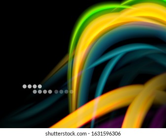 Silk smooth lines on black, liquid fluid color waves. Vector Illustration For Wallpaper, Banner, Background, Card, Book, Illustration, landing page, cover, placard, poster, banner, flyer, design