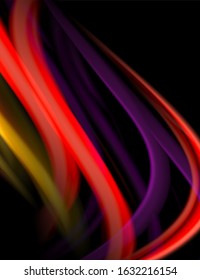 Seide glatte Linien auf schwarzen, flüssig fließenden Farbwellen. Vektorgrafik für Bildschirmhintergründe, Banner, Hintergrund, Karte, Buch, Illustration, Landungsseite, Abdeckung, Plakat, Plakat, Banner, Flyer, Design