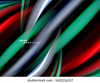 Silk smooth lines on black, liquid fluid color waves. Vector Illustration For Wallpaper, Banner, Background, Card, Book, Illustration, landing page, cover, placard, poster, banner, flyer, design