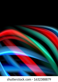 Silk smooth lines on black, liquid fluid color waves. Vector Illustration For Wallpaper, Banner, Background, Card, Book, Illustration, landing page, cover, placard, poster, banner, flyer, design