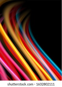 Silk smooth lines on black, liquid fluid color waves. Vector Illustration For Wallpaper, Banner, Background, Card, Book, Illustration, landing page, cover, placard, poster, banner, flyer, design