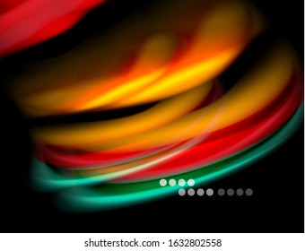 Silk smooth lines on black, liquid fluid color waves. Vector Illustration For Wallpaper, Banner, Background, Card, Book, Illustration, landing page, cover, placard, poster, banner, flyer, design