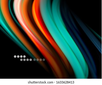 Seide glatte Linien auf schwarzen, flüssig fließenden Farbwellen. Vektorgrafik für Bildschirmhintergründe, Banner, Hintergrund, Karte, Buch, Illustration, Landungsseite, Abdeckung, Plakat, Plakat, Banner, Flyer, Design