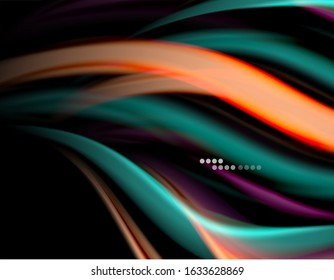 Silk smooth lines on black, liquid fluid color waves. Vector Illustration For Wallpaper, Banner, Background, Card, Book, Illustration, landing page, cover, placard, poster, banner, flyer, design