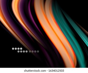 Silk smooth lines on black, liquid fluid color waves. Vector Illustration For Wallpaper, Banner, Background, Card, Book, Illustration, landing page, cover, placard, poster, banner, flyer, design