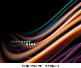 Silk smooth lines on black, liquid fluid color waves. Vector Illustration For Wallpaper, Banner, Background, Card, Book, Illustration, landing page, cover, placard, poster, banner, flyer, design