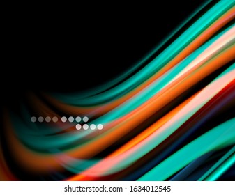 Silk smooth lines on black, liquid fluid color waves. Vector Illustration For Wallpaper, Banner, Background, Card, Book, Illustration, landing page, cover, placard, poster, banner, flyer, design