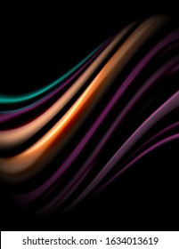 Silk smooth lines on black, liquid fluid color waves. Vector Illustration For Wallpaper, Banner, Background, Card, Book, Illustration, landing page, cover, placard, poster, banner, flyer, design