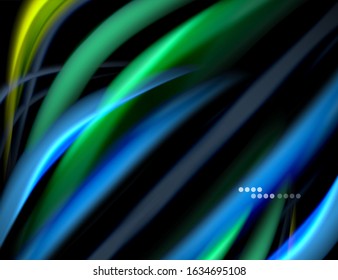 Silk smooth lines on black, liquid fluid color waves. Vector Illustration For Wallpaper, Banner, Background, Card, Book, Illustration, landing page, cover, placard, poster, banner, flyer, design
