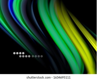 Silk smooth lines on black, liquid fluid color waves. Vector Illustration For Wallpaper, Banner, Background, Card, Book, Illustration, landing page, cover, placard, poster, banner, flyer, design