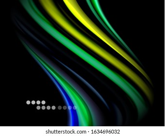 Silk smooth lines on black, liquid fluid color waves. Vector Illustration For Wallpaper, Banner, Background, Card, Book, Illustration, landing page, cover, placard, poster, banner, flyer, design