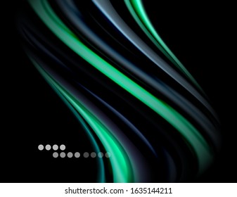 Silk smooth lines on black, liquid fluid color waves. Vector Illustration For Wallpaper, Banner, Background, Card, Book, Illustration, landing page, cover, placard, poster, banner, flyer, design