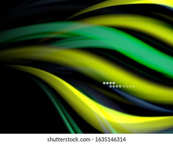 Silk smooth lines on black, liquid fluid color waves. Vector Illustration For Wallpaper, Banner, Background, Card, Book, Illustration, landing page, cover, placard, poster, banner, flyer, design