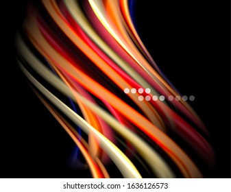 Silk smooth lines on black, liquid fluid color waves. Vector Illustration For Wallpaper, Banner, Background, Card, Book, Illustration, landing page, cover, placard, poster, banner, flyer, design