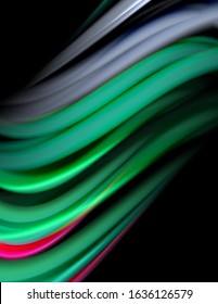 Silk smooth lines on black, liquid fluid color waves. Vector Illustration For Wallpaper, Banner, Background, Card, Book, Illustration, landing page, cover, placard, poster, banner, flyer, design