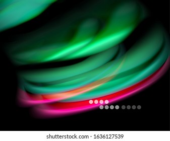 Silk smooth lines on black, liquid fluid color waves. Vector Illustration For Wallpaper, Banner, Background, Card, Book, Illustration, landing page, cover, placard, poster, banner, flyer, design