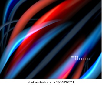 Silk smooth lines on black, liquid fluid color waves. Vector Illustration For Wallpaper, Banner, Background, Card, Book, Illustration, landing page, cover, placard, poster, banner, flyer, design