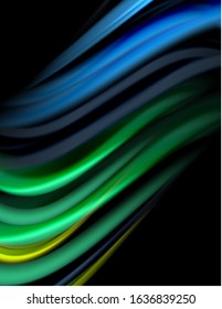 Silk smooth lines on black, liquid fluid color waves. Vector Illustration For Wallpaper, Banner, Background, Card, Book, Illustration, landing page, cover, placard, poster, banner, flyer, design