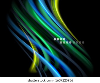 Silk smooth lines on black, liquid fluid color waves. Vector Illustration For Wallpaper, Banner, Background, Card, Book, Illustration, landing page, cover, placard, poster, banner, flyer, design