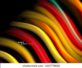 Silk smooth lines on black, liquid fluid color waves. Vector Illustration For Wallpaper, Banner, Background, Card, Book, Illustration, landing page, cover, placard, poster, banner, flyer, design